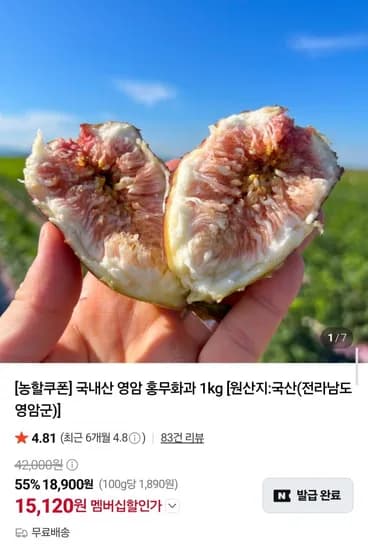 국내산 영암 홍무화과 1kg (15,120원/무료배송)