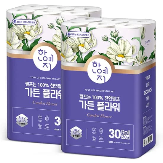 한예지 가든 플라워 3겹 천연펄프 화장지, 30m, 30롤, 2팩 (12,900/무료)