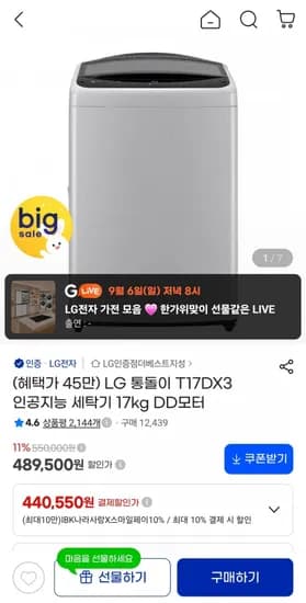 LG 통돌이 T17DX3 인공지능 세탁기 17kg DD모터