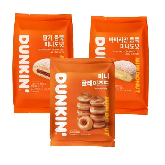 던킨 미니도넛, 3팩 딸기  + 바바리안 + 글레이즈드 135g(11,500원/무료)