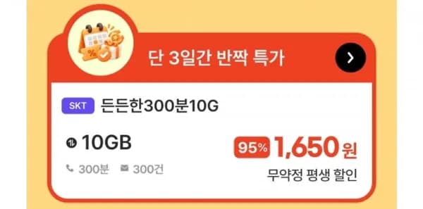 SKT망 통화 300분 데이터 10GB(1,650원/평생)