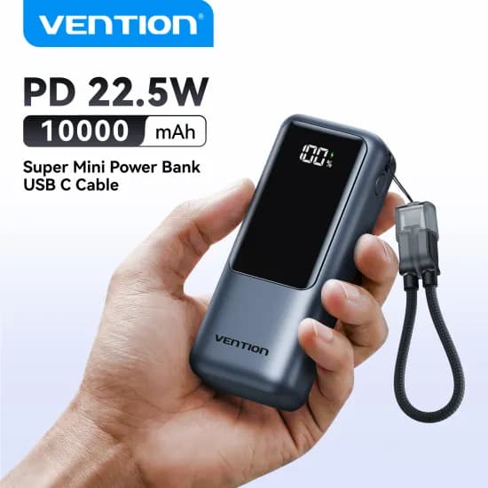 벤션 10000mAh 미니 보조배터리 22.5w 휴대용 충전기 내장 USB C 케이블 PD