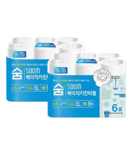 Soom 베이직 천연펄프 키친타올 6롤 2팩 외 다양, 총 12롤