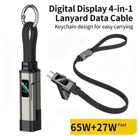 4 in 1 쇼트 타입 C 키체인 랜야드 데이터 케이블 LED 디스플레이 PD 고속 충전