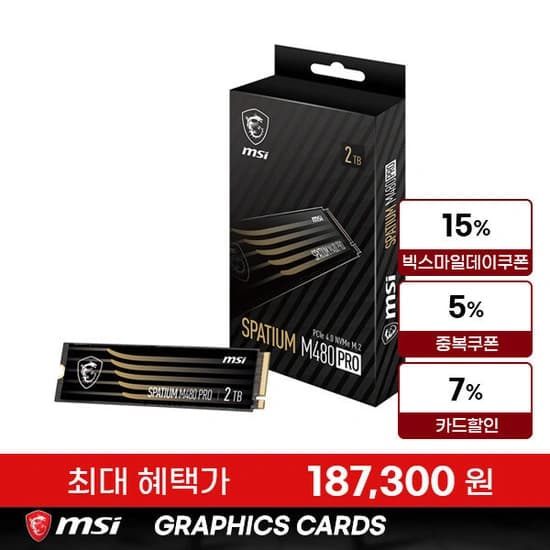 MSI SPATIUM M480 PRO M.2 NVME SSD 2TB 1개 (187,300원/2,500원)