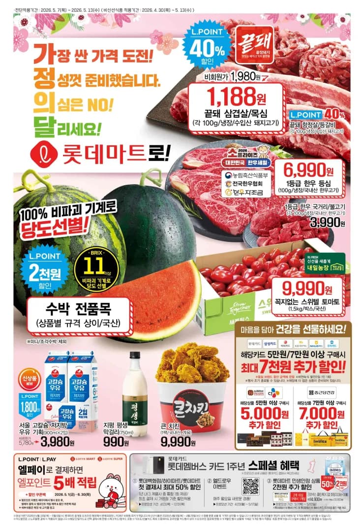 롯데마트/홈플러스 이번주 전단지(끝돼 삼겹살 1,188원 등)