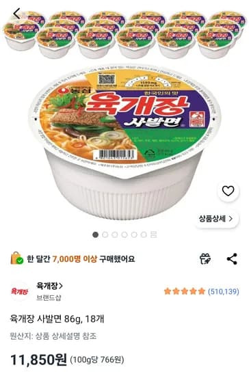 육개장 사발면 86g, 18개