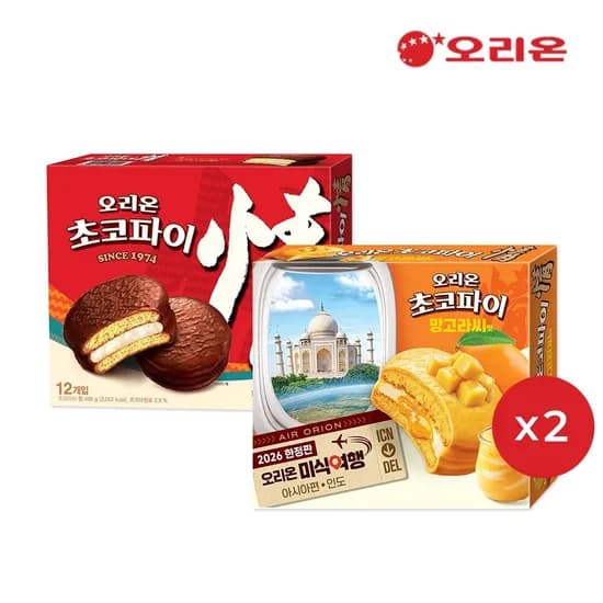 오리온 초코파이 12P 외 다양 2개 + 망고라씨맛 초코파이 12P 외 다양 2개 (총 4개)