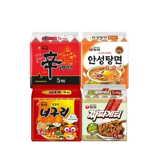 농심 신라면, 120g, 5개 + 안성탕면, 125g, 5개 + 너구리, 120g, 5개 + 짜파게티, 140g, 5개