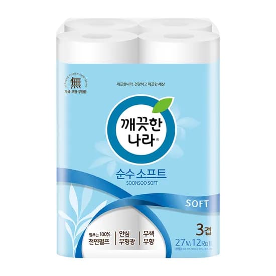 깨끗한나라 순수 소프트, 3겹, 27m, 12롤, 1팩