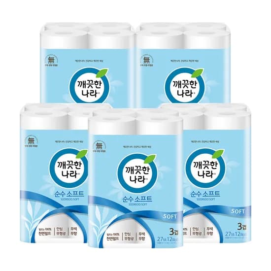 깨끗한나라 순수 소프트, 3겹, 27m, 12롤, 5팩