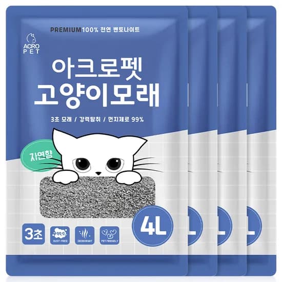 아크로펫 벤토나이트 고양이모래, 자연향, 4L, 4개