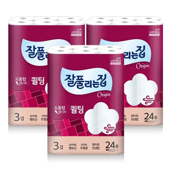 잘풀리는집 더도톰한 3겹 퀼팅 화장지, 30Mx24롤, 3팩
