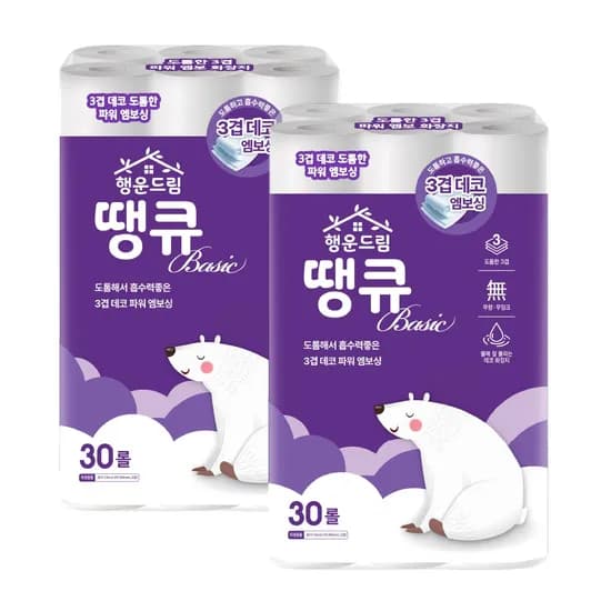 행운드림 땡큐 베이직 화장지, 3겹, 30롤, 14m, 2팩