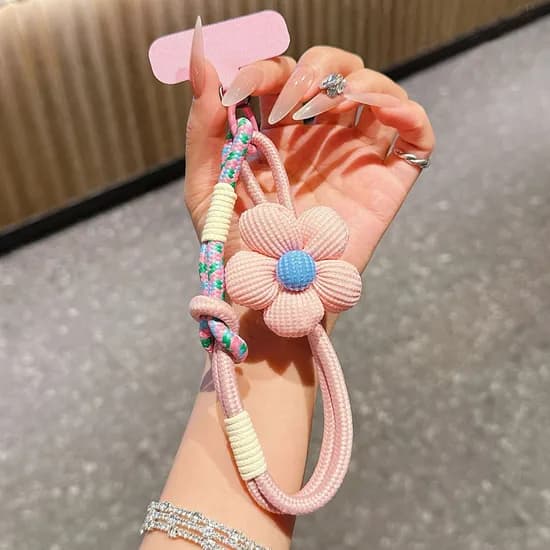 끄레앙 꽃장식 로프 스트랩 니트 핸드폰 손목고리 도난방지 다용도 휴대폰줄 AK500, 핑크