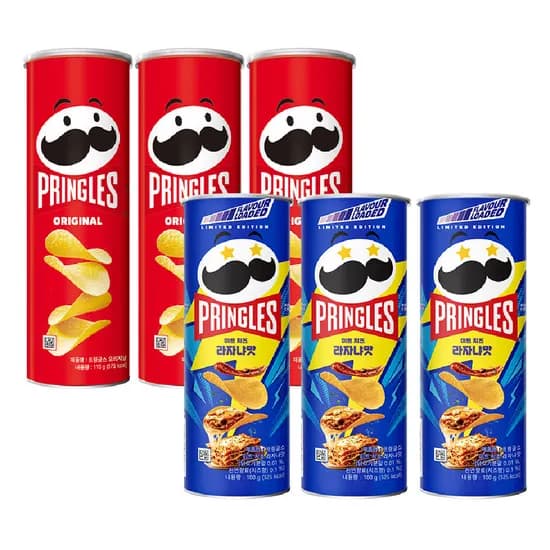 프링글스 오리지날, 110g, 3개 + 미트 치즈 라자냐맛, 100g, 3개