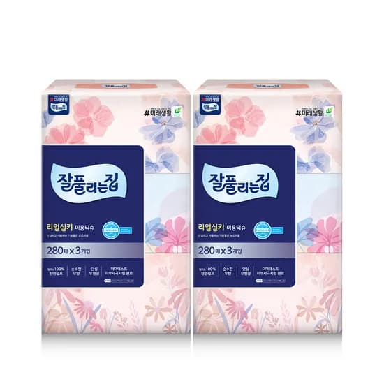 잘풀리는집 리얼실키 미용티슈, 280매, 3개입, 2팩