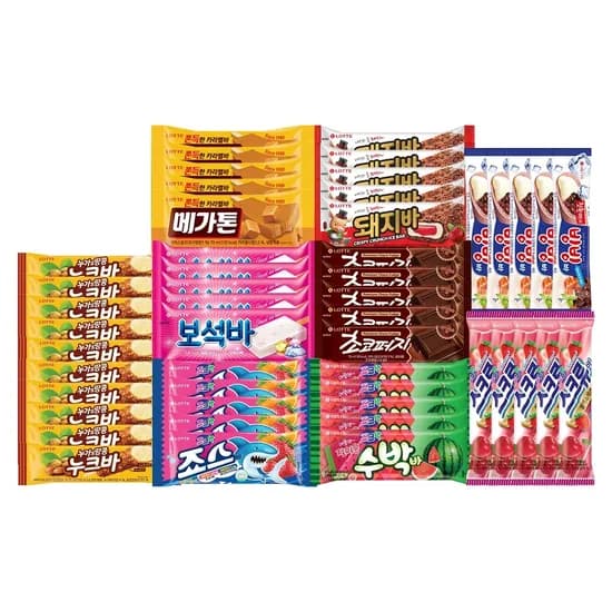 롯데웰푸드 인기 막대 아이스크림 9종 50개 세트, 누크바 10개 + 죠스바 5개 + 수박바 5개 + 스크류바 5개 + 메가톤바 5개 + 보석바 5개 + 초코퍼지 5개 + 돼지바 5개 + 빙빙바 5개, 3725ml, 1세트