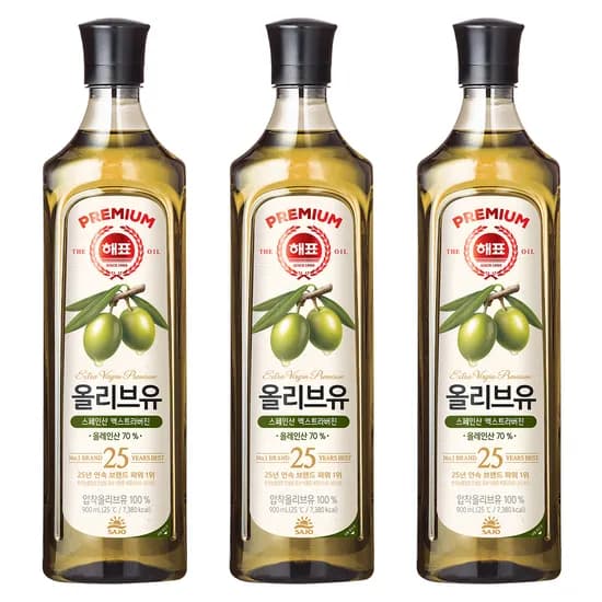 해표 엑스트라버진 압착 올리브유, 900ml, 3개