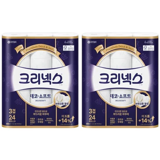크리넥스 데코&소프트, 3겹, 28m, 24롤, 2팩