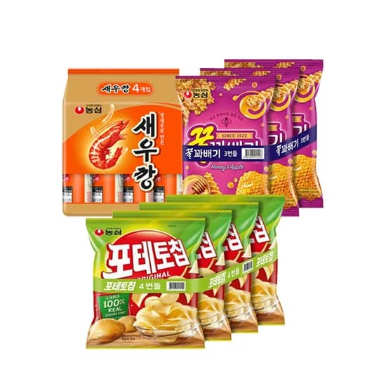 농심 스낵번들세트, 새우깡 미니팩 4번들 + 포테토칩 4번들 + 꿀꽈배기 3번들, 11봉, 1세트