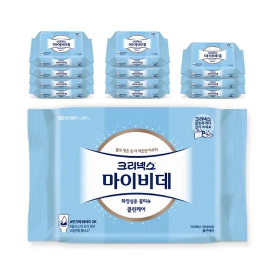 크리넥스 마이비데 클린케어 화장실용 물티슈, 리필형, 46매, 12팩