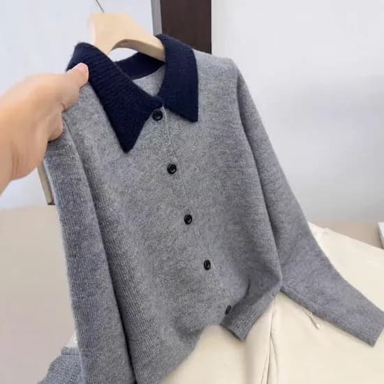 회색 카라 가디건, XL