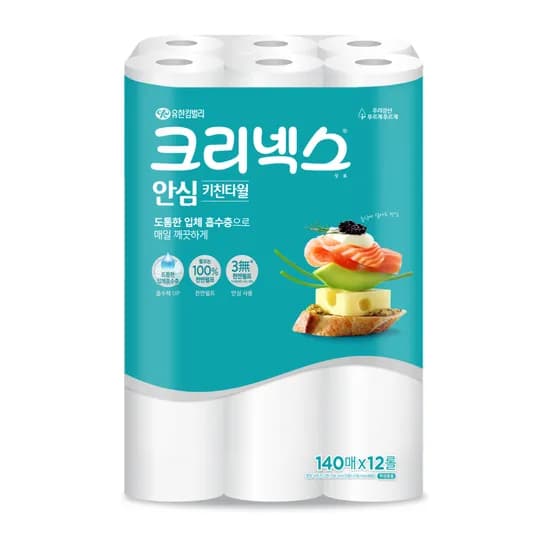 크리넥스 안심 키친타월, 140매, 12롤, 1팩