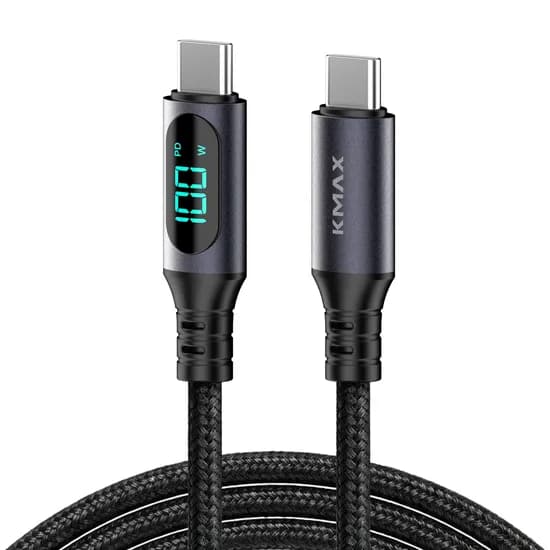 케이맥스 100W LCD 메탈페브릭 C-C타입 초고속 충전 케이블, 블랙, 1.5m, 1개
