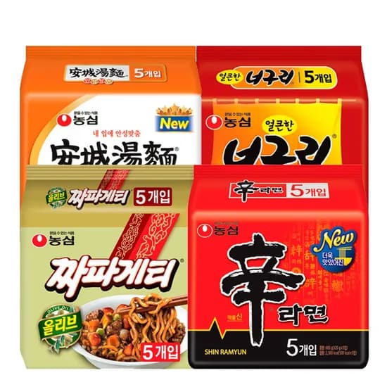 농심 신라면, 120g, 5개 + 안성탕면, 125g, 5개 + 너구리, 120g, 5개 + 짜파게티, 140g, 5개
