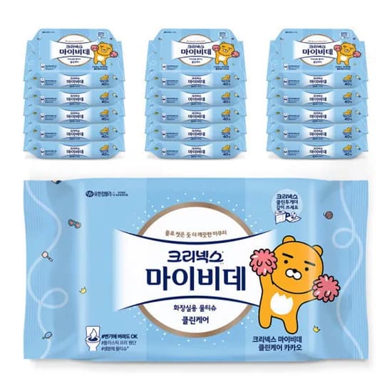 크리넥스 마이비데 클린케어 화장실용 물티슈, 리필형, 40매, 16팩