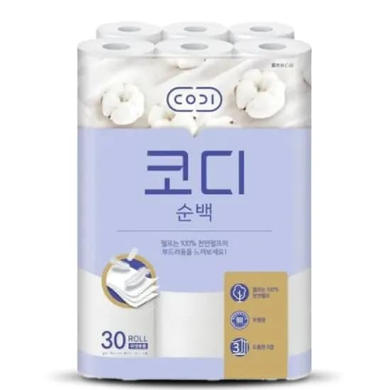 코디 순백 두루마리 휴지, 3겹, 25m, 30롤, 1개