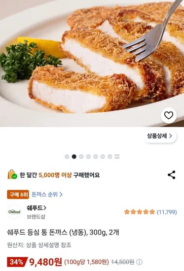 쉐푸드 등심 통 돈까스 (냉동), 300g, 2개 (9,480원/무료)
