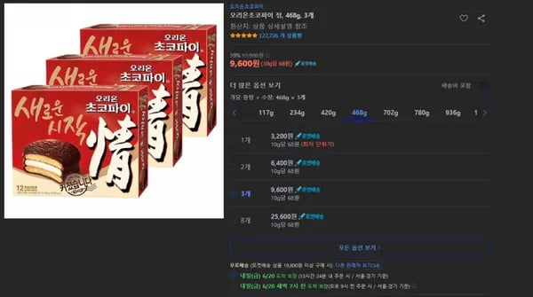 오리온초코파이 정, 468g, 3개 (9,600원/와우무료)