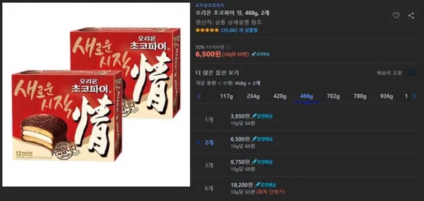 오리온 초코파이 정 468g 2개 (6,500원/와우무료)