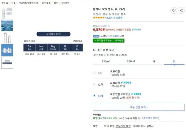 지리산 물하나 ECO 생수, 2L, 24개 (9,570원/와우무료)