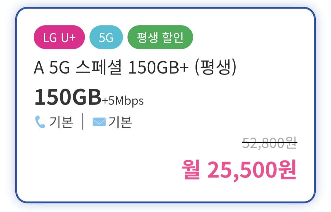 알뜰폰 평생 5G 150GB+5명박 LG망