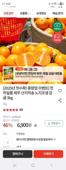 제주 산지직송 노지조생 감귤 3kg