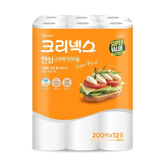 크리넥스 안심 키친타월 슈퍼팩 12롤+스트롱뽑타 40매 200매