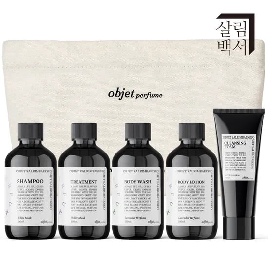 살림백서 오브제 여행용 세면도구 어메니티 5종 세트 트래블키트 샴푸 바디워시 린스 폼클