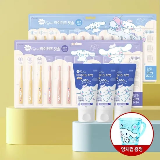 그린핑거 마이키즈 시나모롤 칫솔 2단계/3단계 12개 + 마이키즈 시나모롤 에디션 고불소(1,450PPM) 치약 4단계 60gx3EA 단계 선택 /유아,키즈,어린이