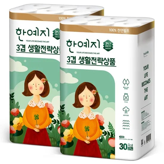 한예지 생활전략상품 천연펄프 화장지 27m, 30롤, 2팩