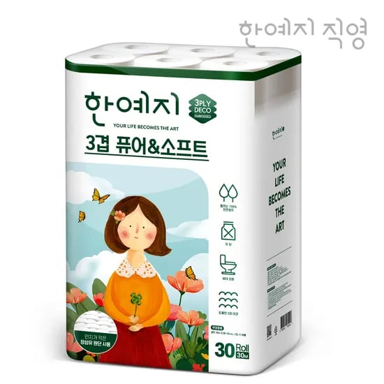 한예지 천연펄프 3겹 퓨어앤소프트 30m 30롤 두루마리 휴지 화장지 1팩