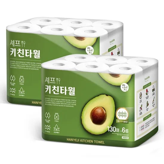 천연펄프 무형광 셰프 키친타올 130매 6롤 2팩