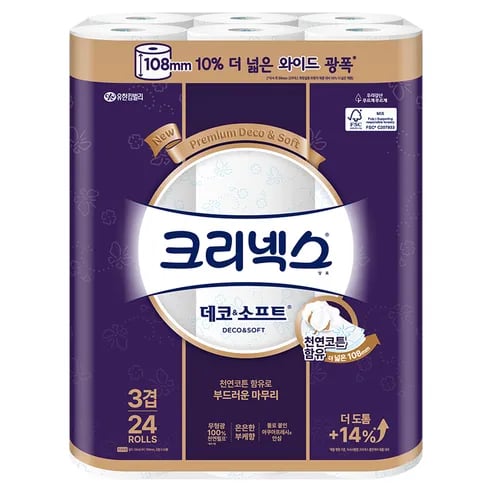 크리넥스 데코 앤 소프트 천연펄프 3겹 광폭 와이드 33m 24롤 1팩 (15,830원/와우무료)9
