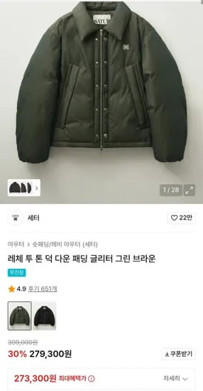 세터 레체 투 톤 덕 다운 패딩 글리터 그린 브라운