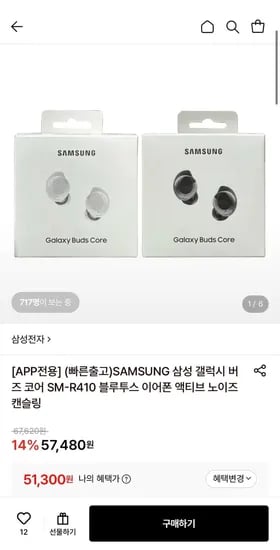 삼성 갤럭시 버즈 코어 SM-R410 블루투스 이어폰 (51,300원/무료)