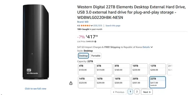 Western Digital 22TB USB 3.0 WDBWLG0220HBK-NESN