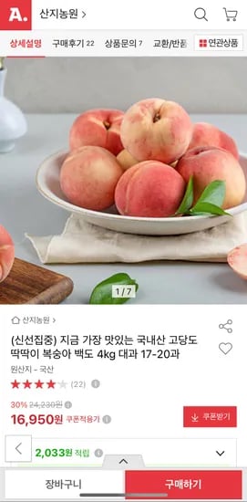 국내산 고당도 딱딱이 복숭아 백도 4kg 대과 (16,100원 / 무배)