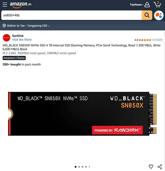 WD_BLACK SN850X NVMe SSD 4TB (관부가세 포함 약 72만원)